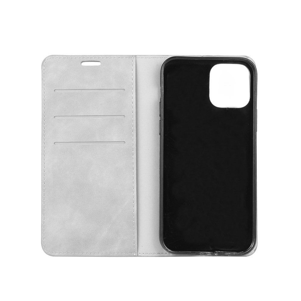 Custodia a libro grigio chiaro per smartphone, aperta, con slot.