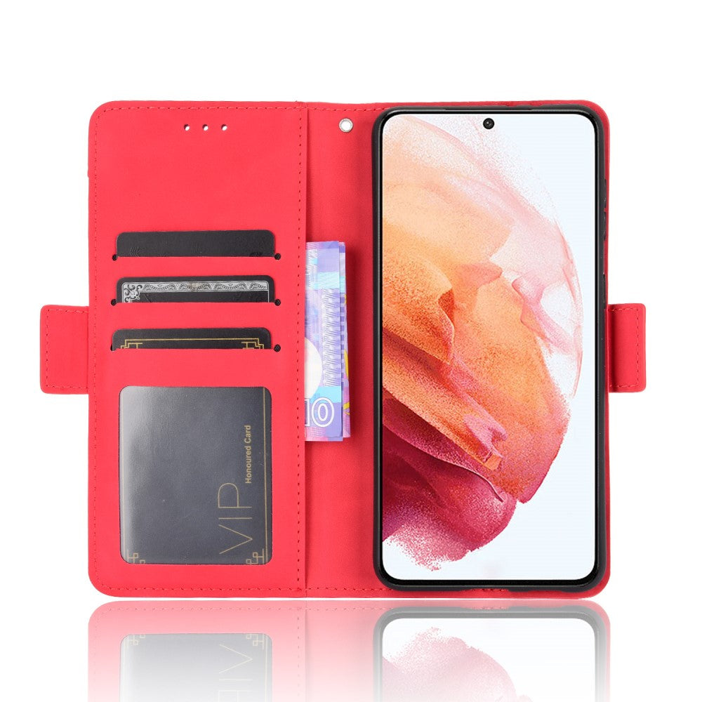 Custodia rossa per telefono con slot per carte e scomparto banconote.