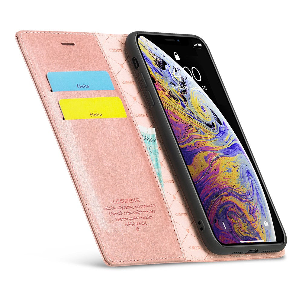 Un porta-telefono rosa che tiene uno smartphone e delle carte.