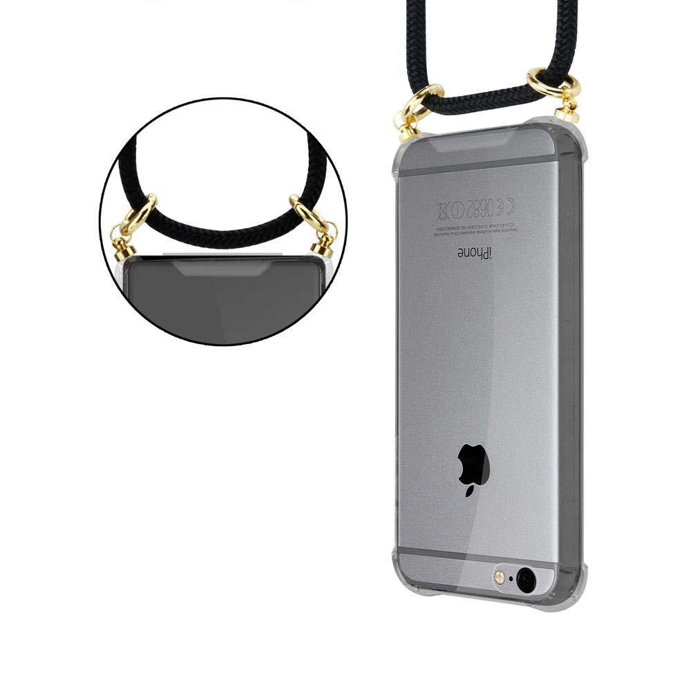 iPhone grigio in custodia trasparente con laccetto nero.
