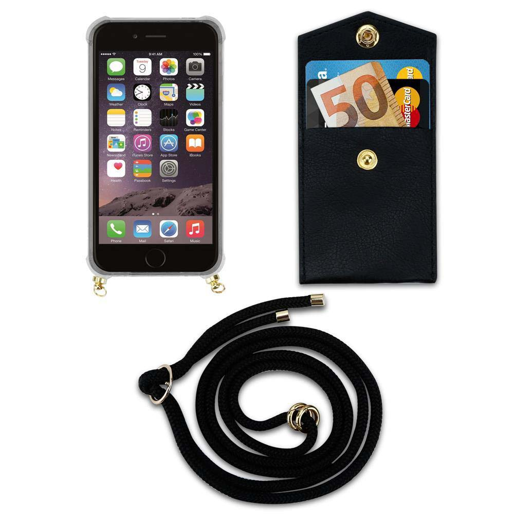 Un iPhone in custodia, un portafoglio nero con carte e un cordino.