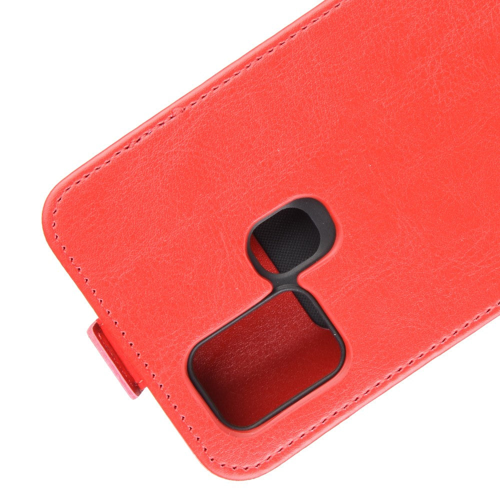 Custodia rossa per telefono con ritagli per fotocamera e flash. Dettagli cuciti visibili.