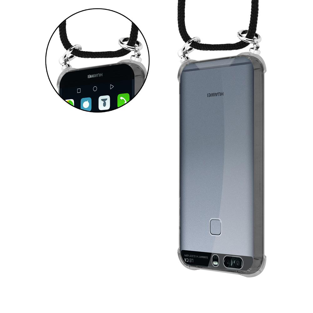 Ein Huawei-Smartphone in einer durchsichtigen Hülle mit einem Nackengurt.