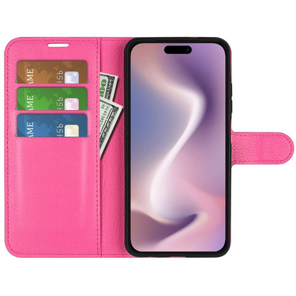 Una custodia per telefono rosa con slot per carte e banconote.