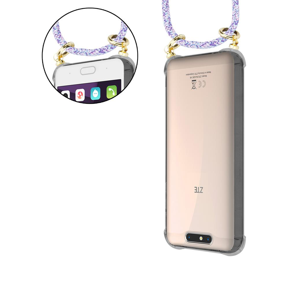 Ein weißes Smartphone mit einer durchsichtigen Hülle und einem bunten Band, das daran befestigt ist.
