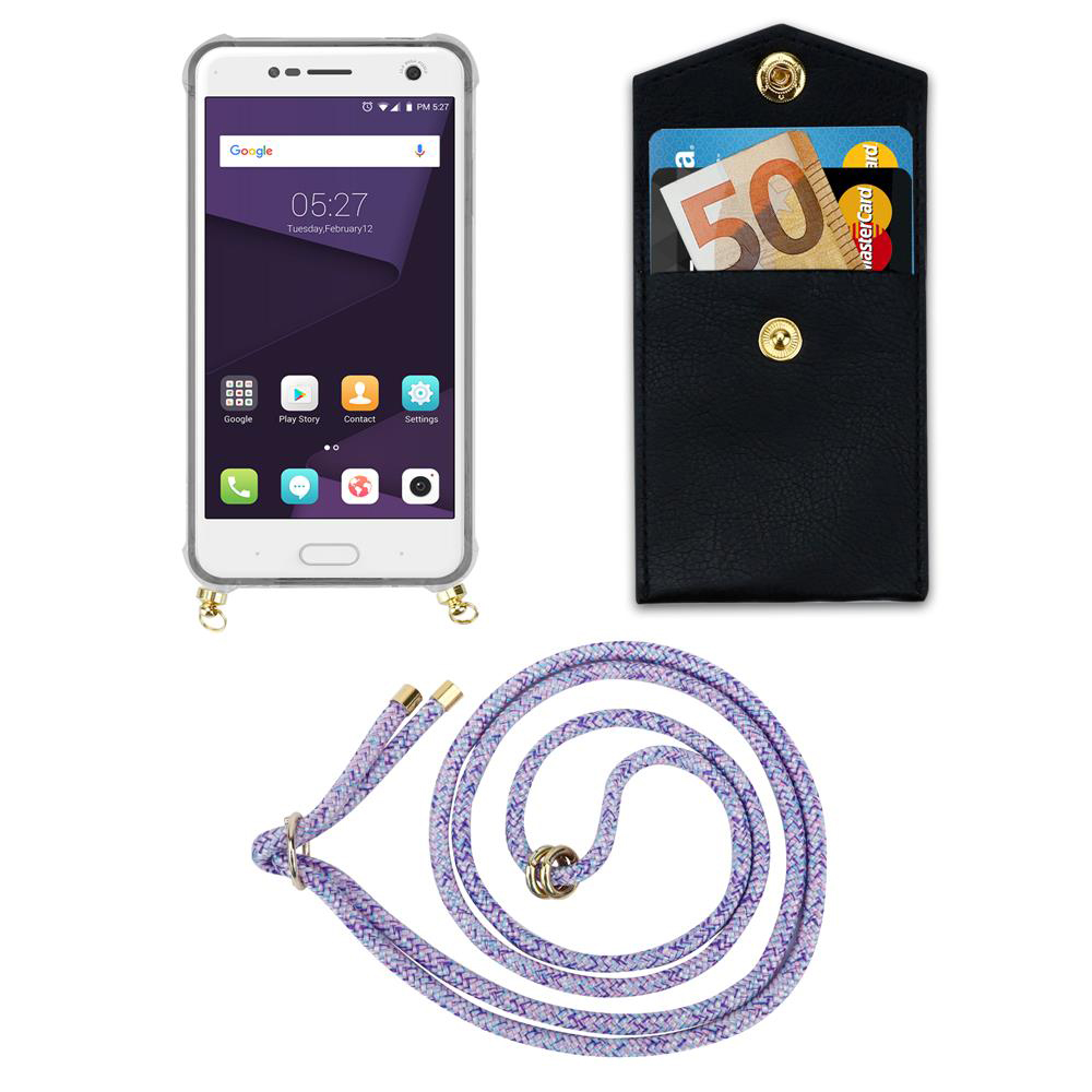 Ein Smartphone, eine schwarze Kartenhülle mit Geld und Karten, und eine lila Kordel.
