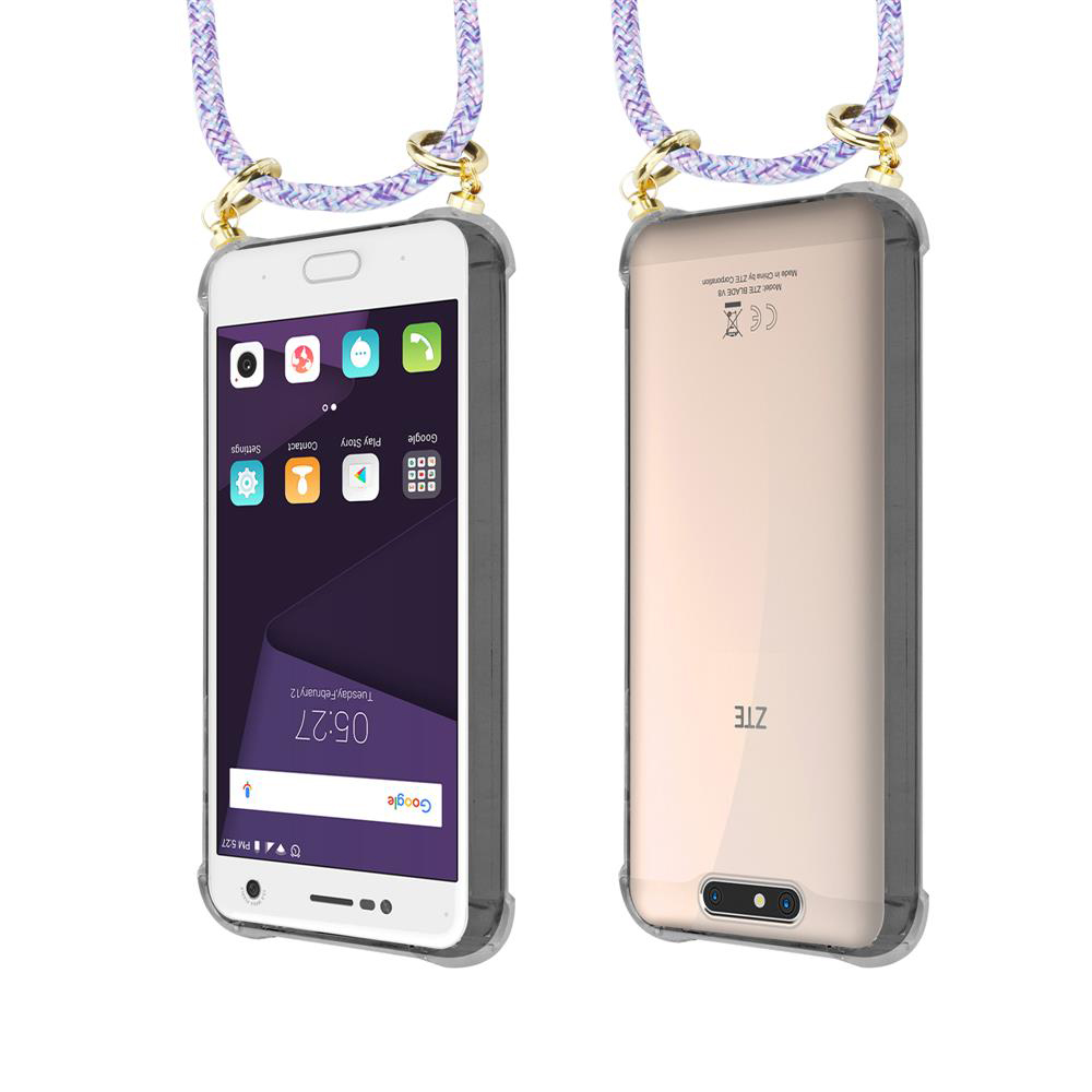 Zwei ZTE Smartphones in Schutzhüllen mit Trageband, Vorder- und Rückseite.