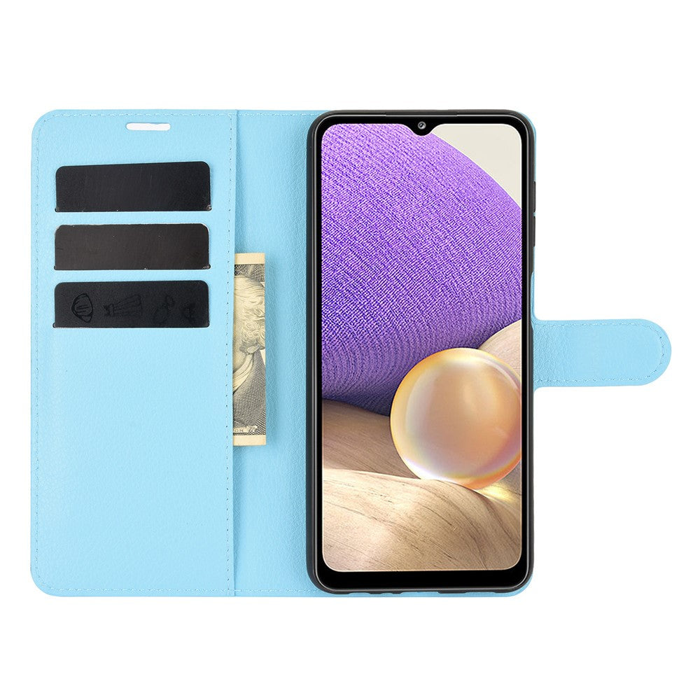 Custodia per telefono azzurra con scomparti per carte e banconota, mostra uno smartphone.