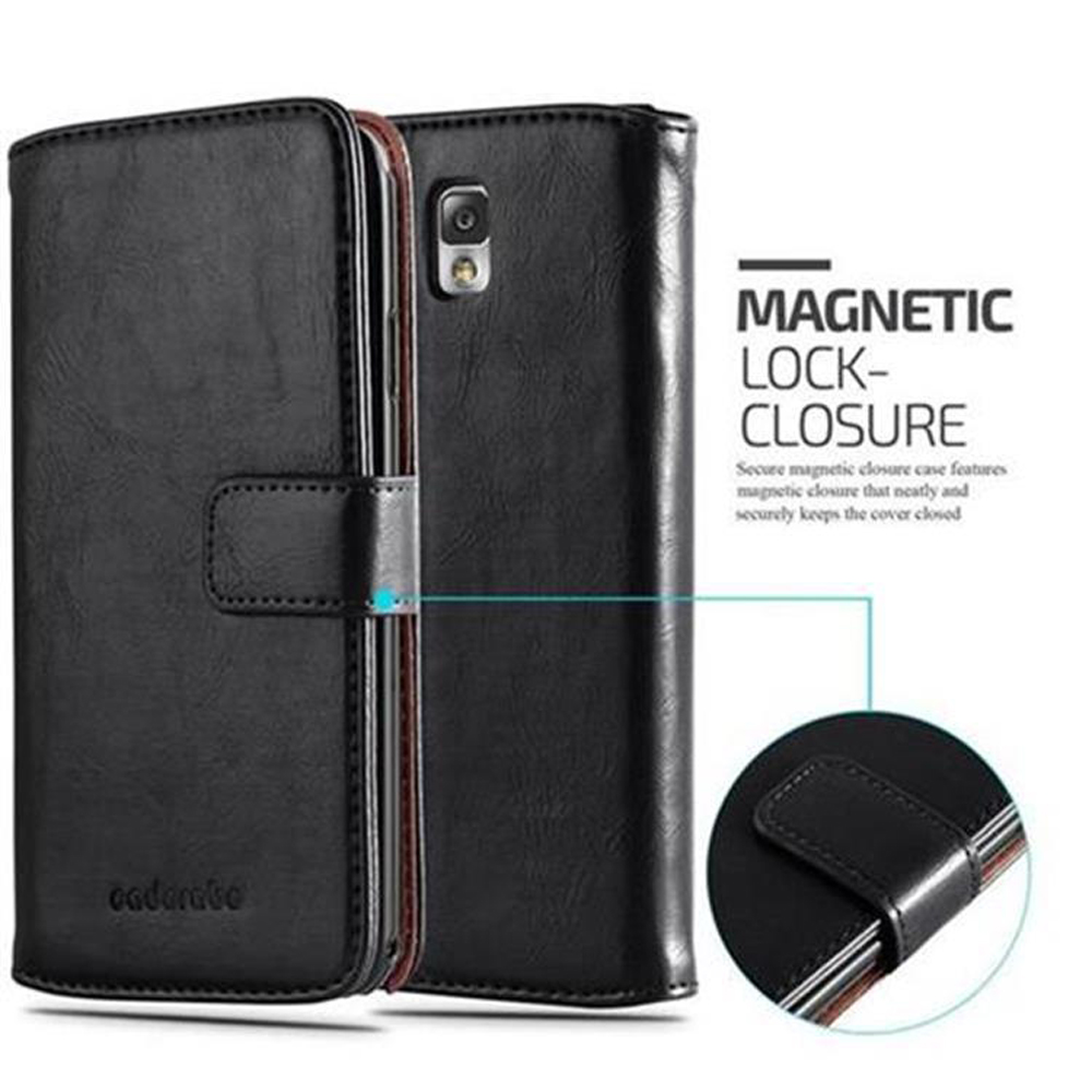 Funda negra tipo libro para móvil con cierre magnético y detalle.