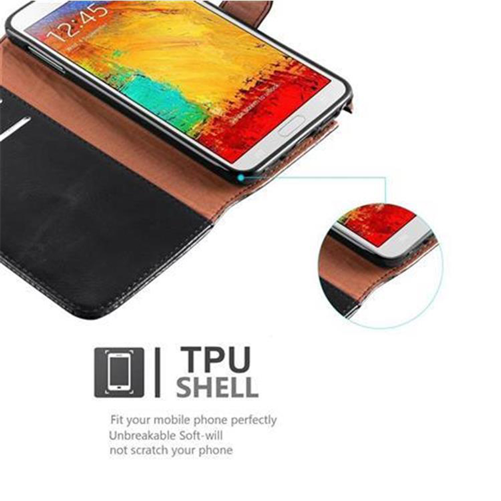 Un smartphone con pantalla colorida dentro de una funda negra y marrón.
