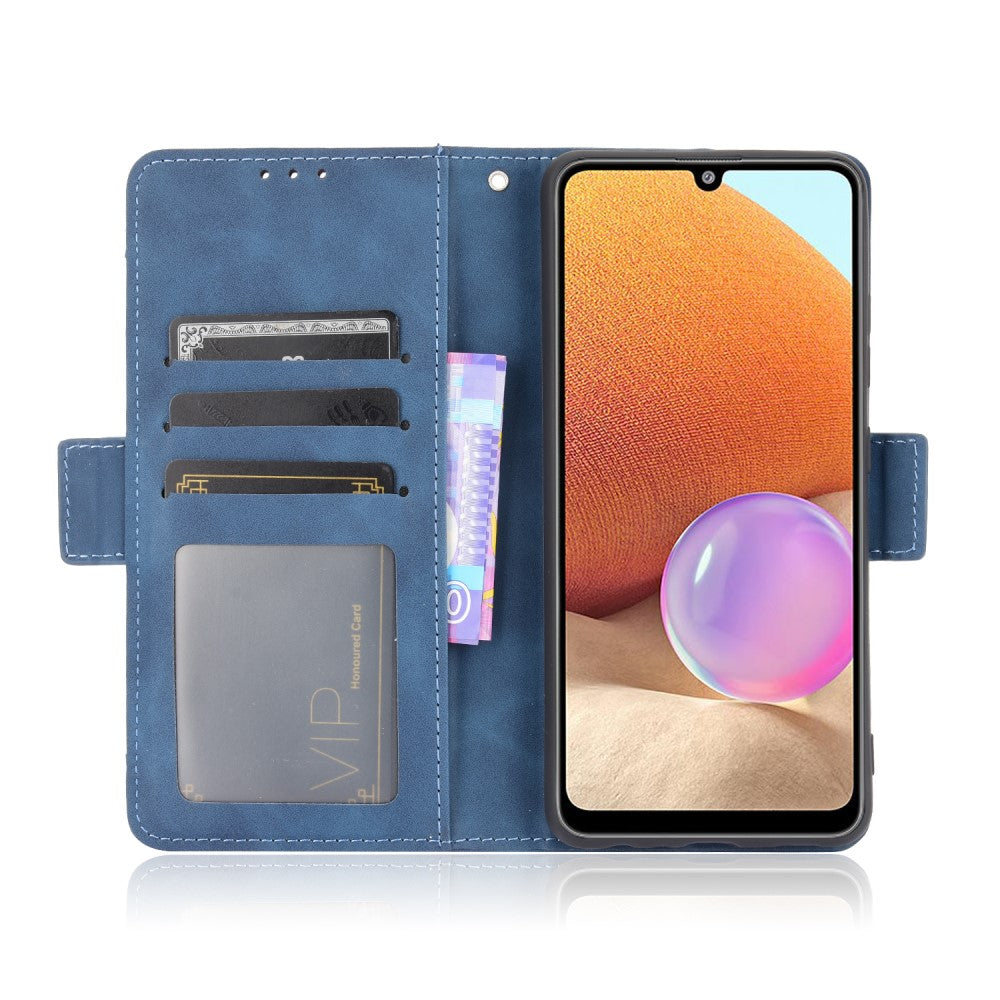 Custodia blu per telefono con fessure per carte e tasca per soldi. Telefono inserito.