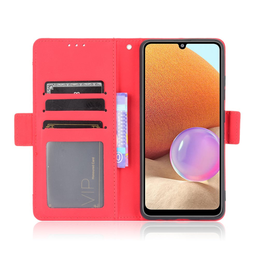 Rote Handyhülle mit Kartenschlitzen, zeigt ein Smartphone mit bunter Kugel.