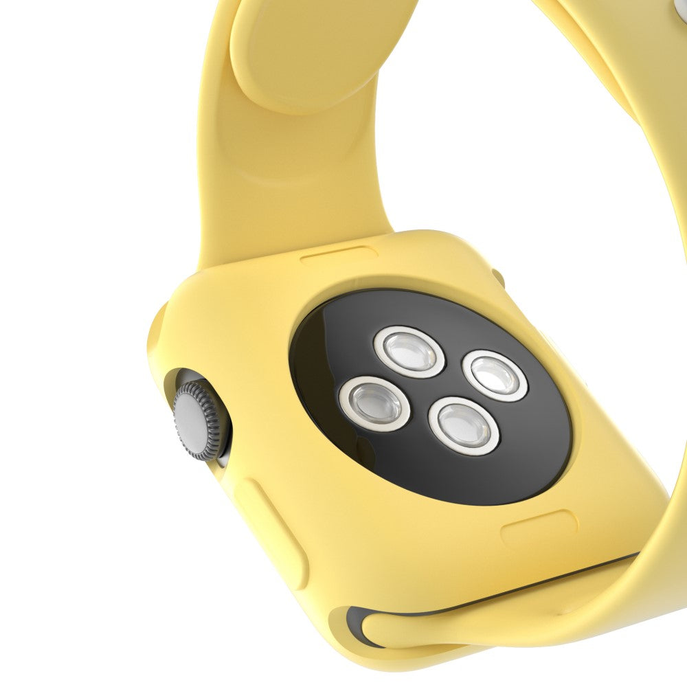 Retro di uno smartwatch giallo con area sensore nera e contatti argentati.