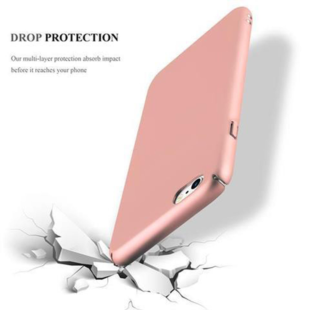 Una custodia rosa per telefono cade su superfici bianche in frantumi.