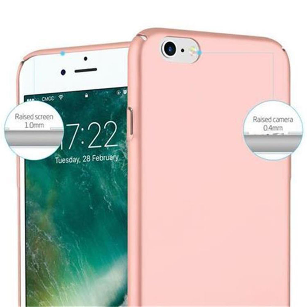 Un iPhone rosa in una custodia, che mostra bordi rialzati per schermo e fotocamera.