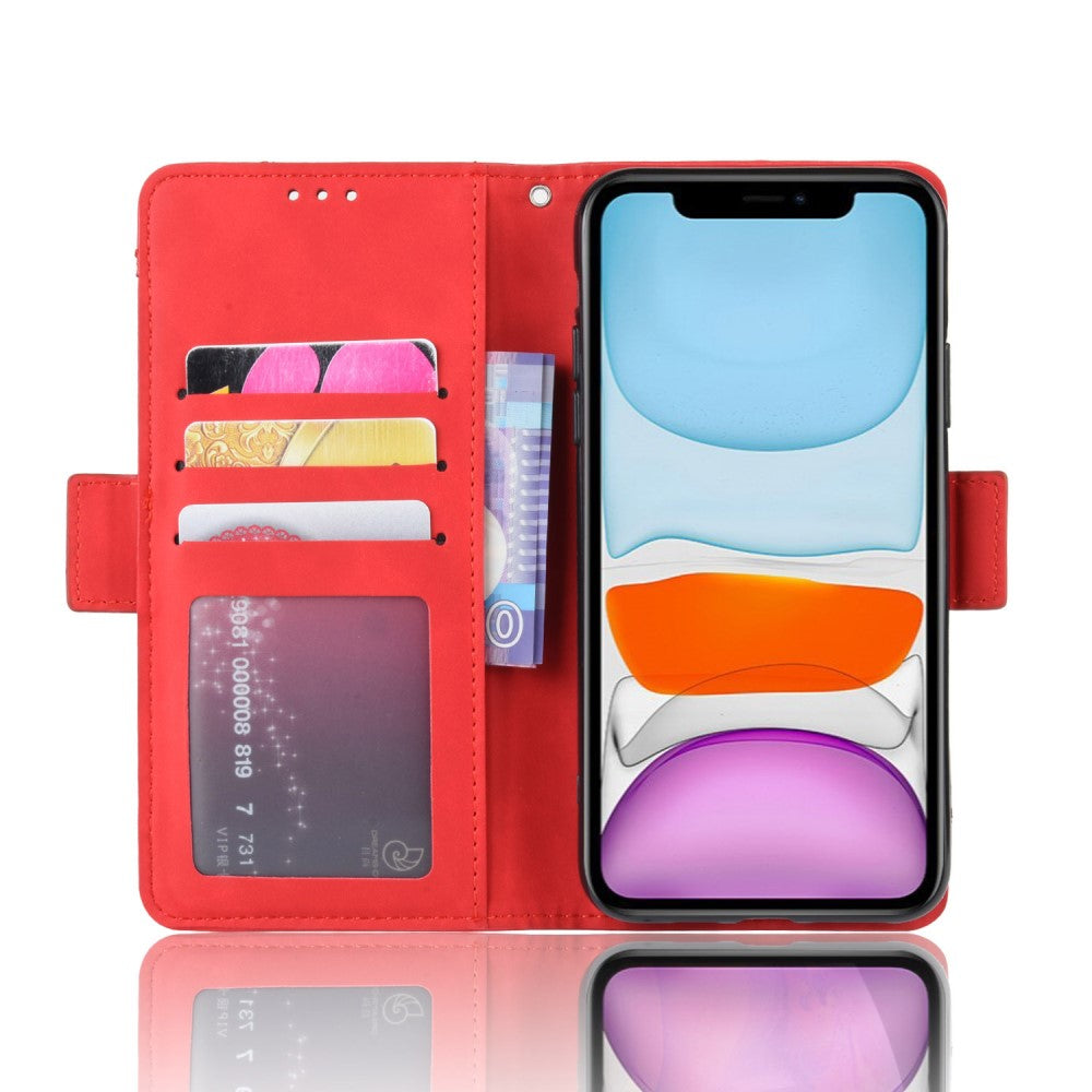 Custodia a portafoglio rossa per smartphone aperta, con carte e slot banconote.