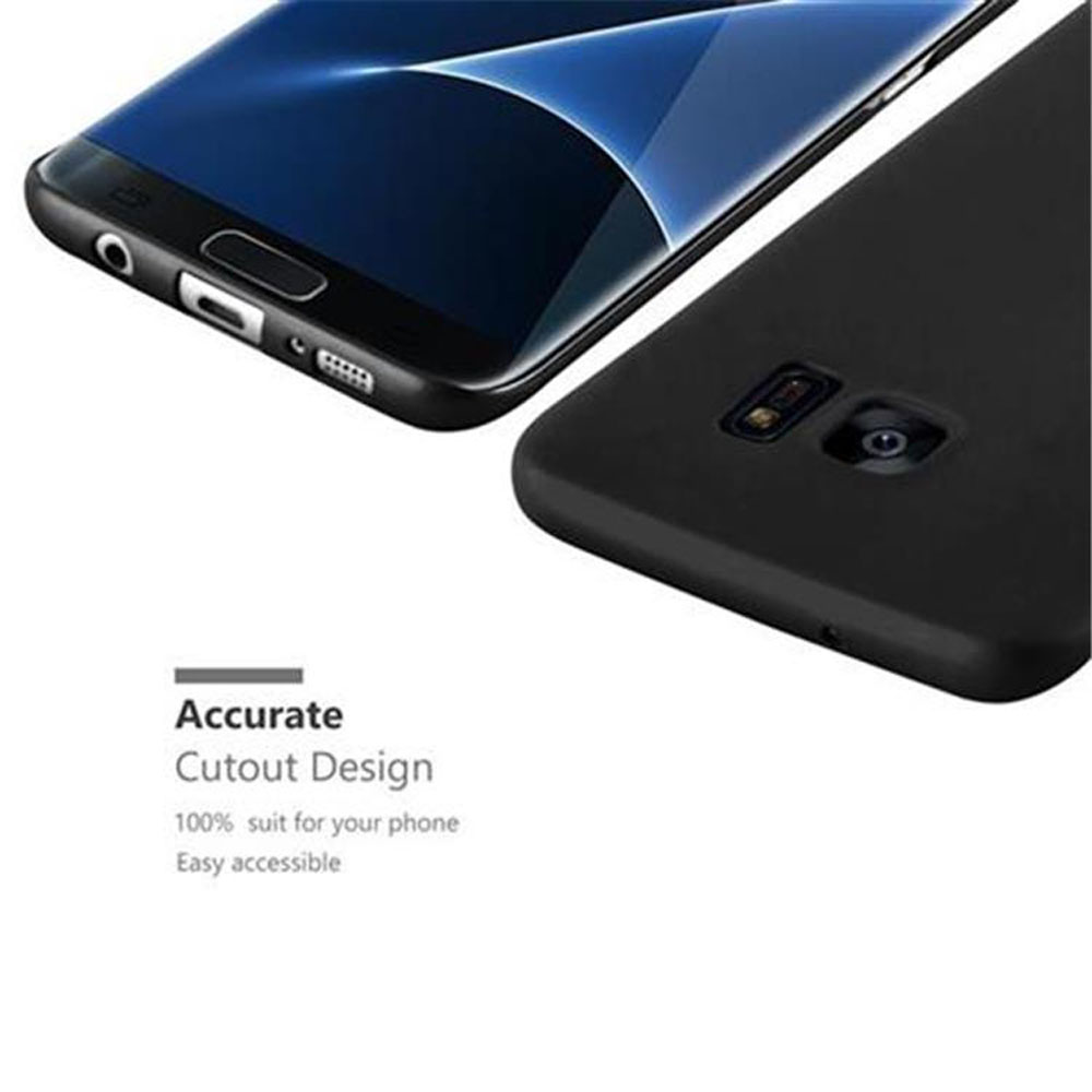 Smartphone nero con ritagli precisi e custodia nera.
