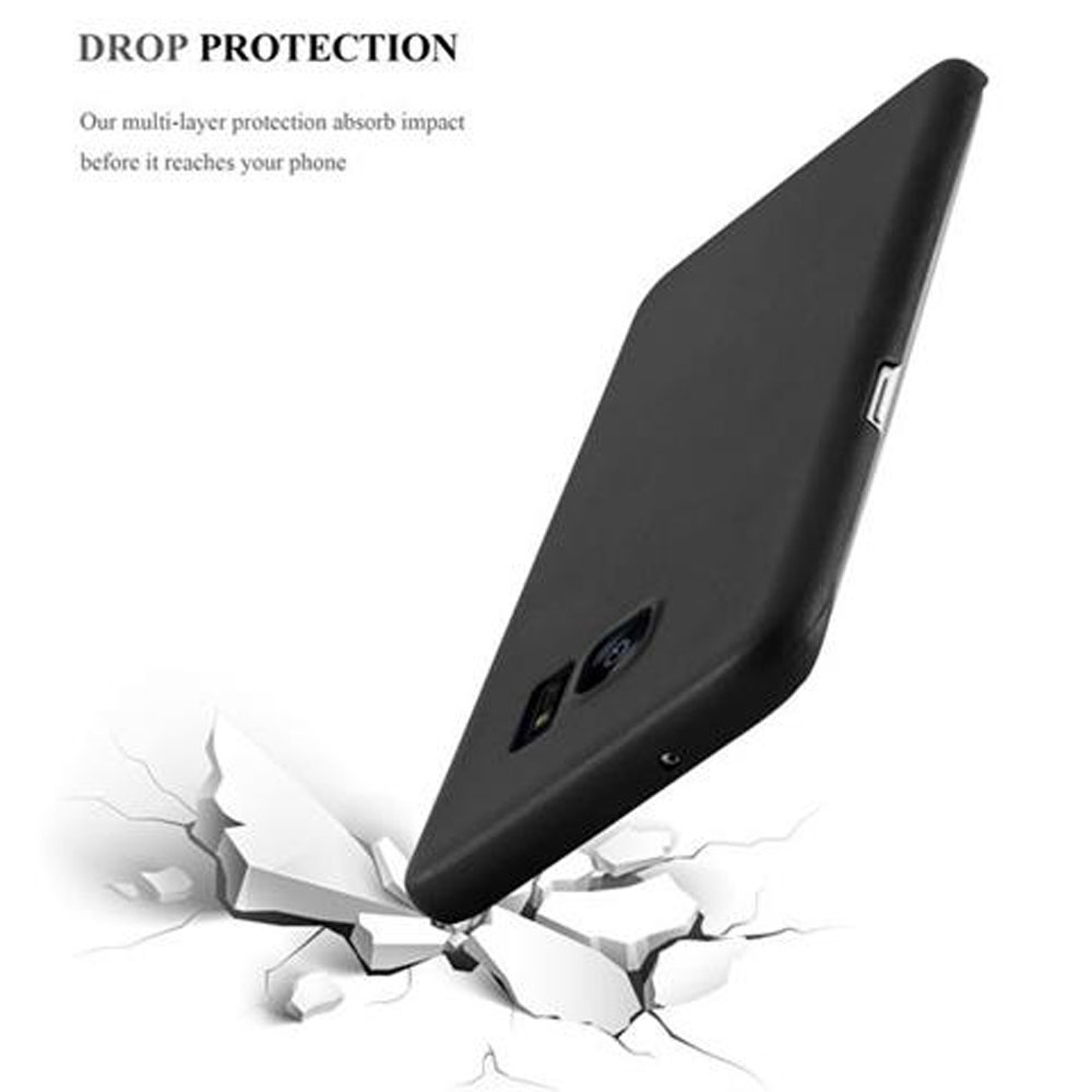 Cover nera per telefono cade su superficie bianca incrinata.