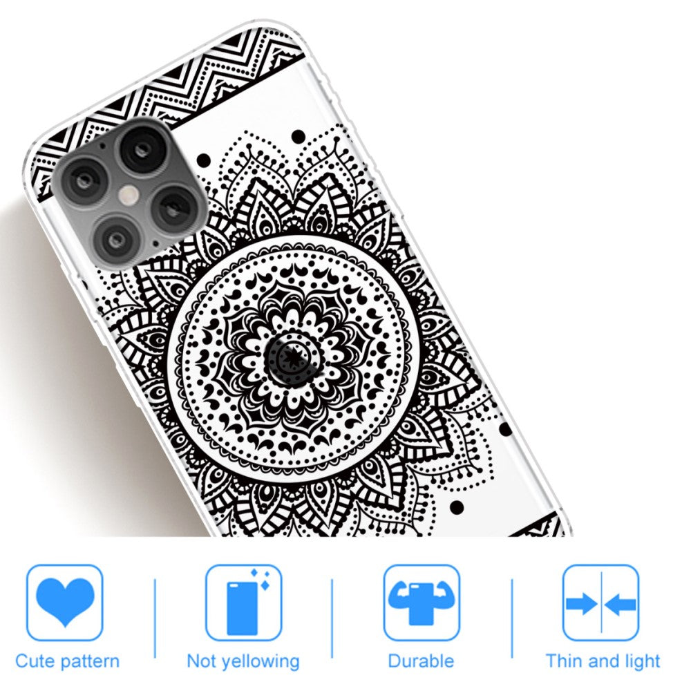 Custodia trasparente per telefono con motivo mandala nero e ritaglio fotocamera.