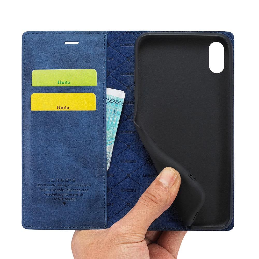 Custodia blu per telefono con slot per carte, banconote e supporto per telefono.