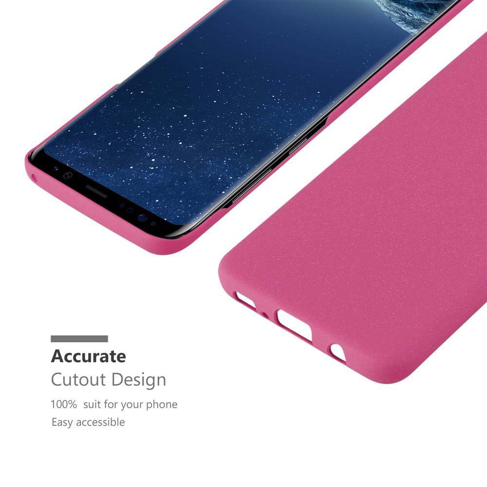 Pinke Handyhülle mit Smartphone. Text hebt genaues Ausschnittdesign hervor.