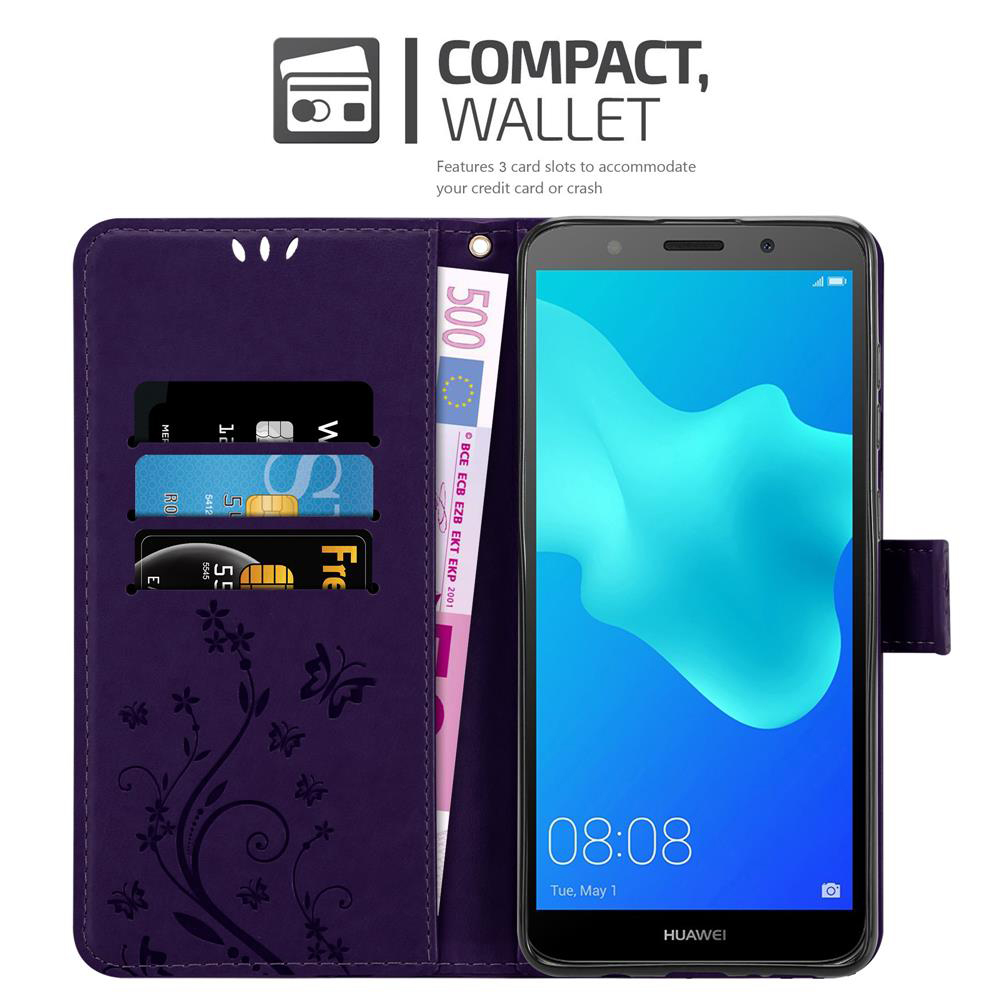 Custodia a portafoglio viola con smartphone, banconota da 500€ e carte.