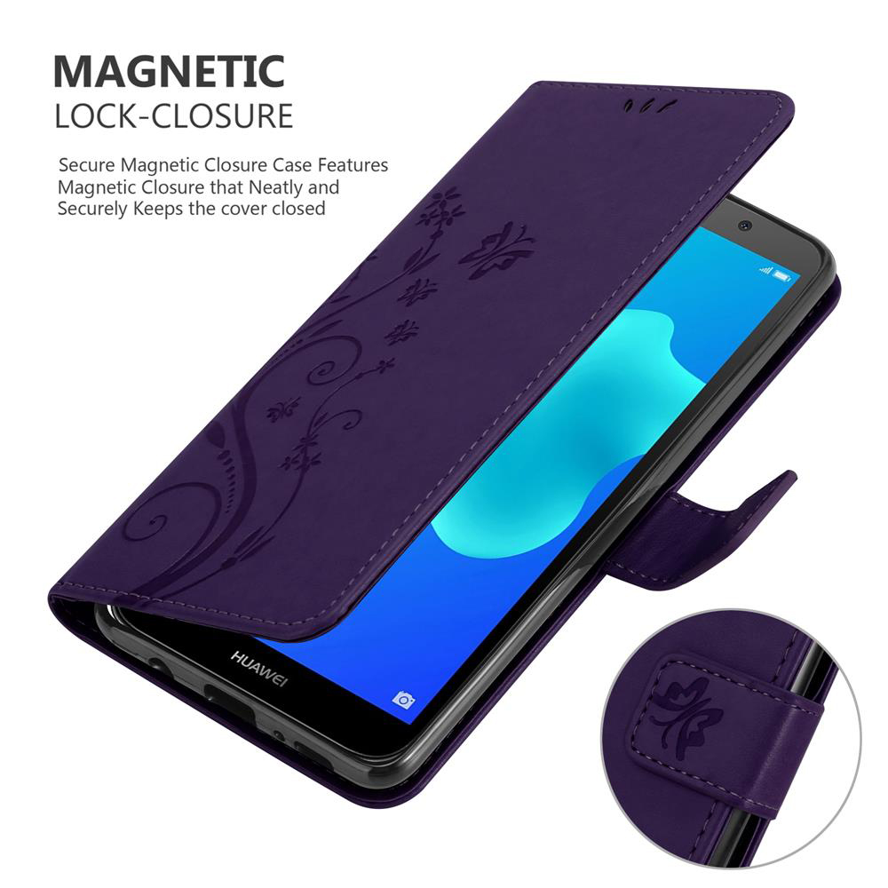 Custodia viola per telefono con motivo floreale e chiusura magnetica.