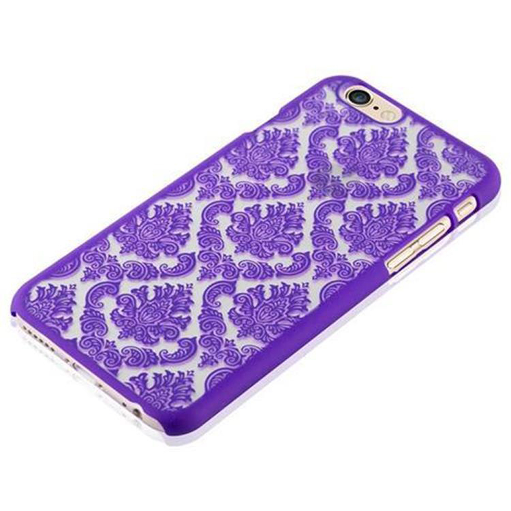 Custodia viola per iPhone con fantasia floreale su sfondo bianco.