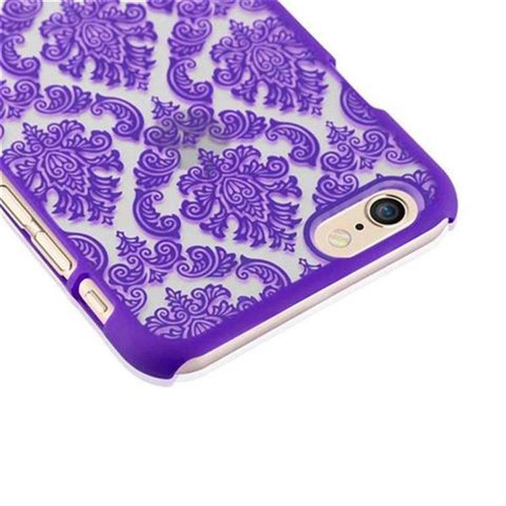 Custodia viola per telefono con motivo floreale su sfondo bianco.