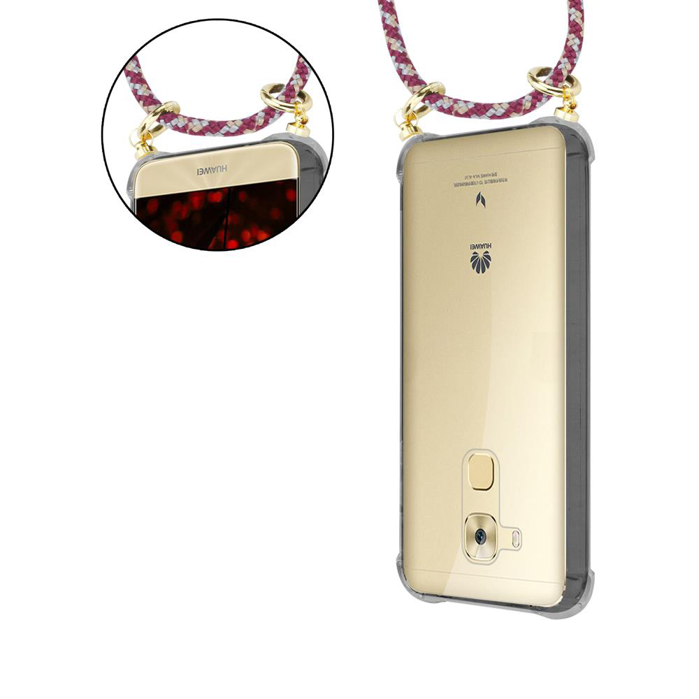 Telefono Huawei dorato in custodia trasparente con cordino.