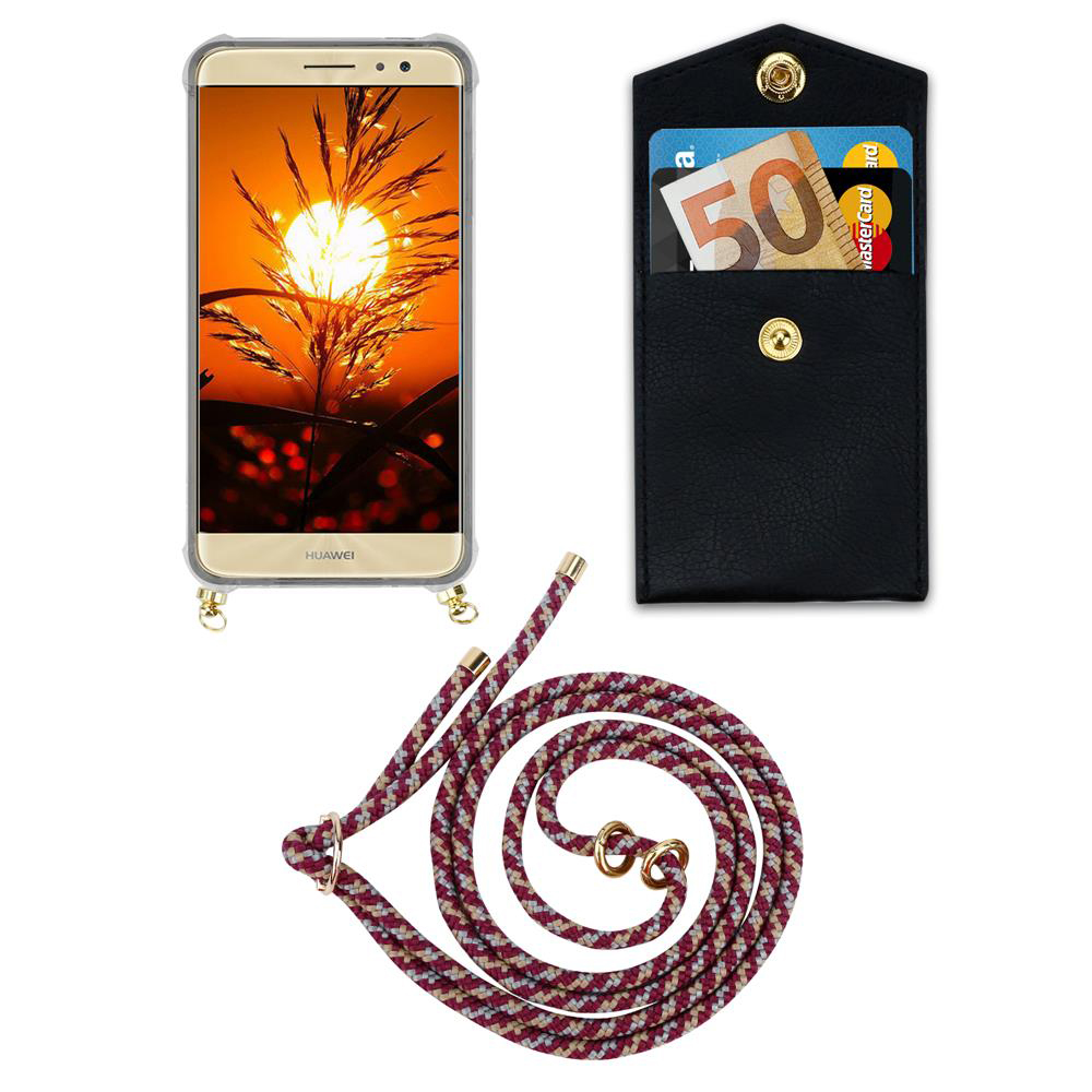 Smartphone con sfondo tramonto, porta carte nero e cordino.