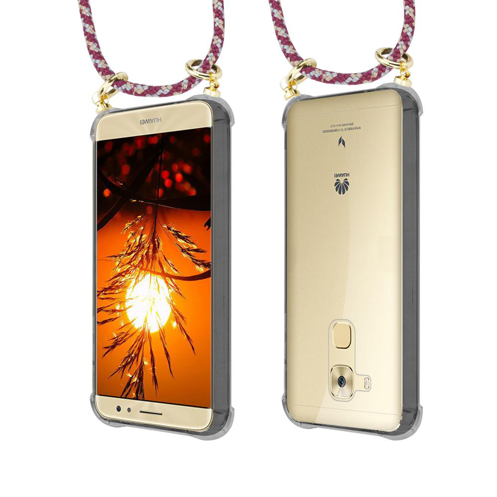 Telefono Huawei dorato con cordino, viste frontale e posteriore.