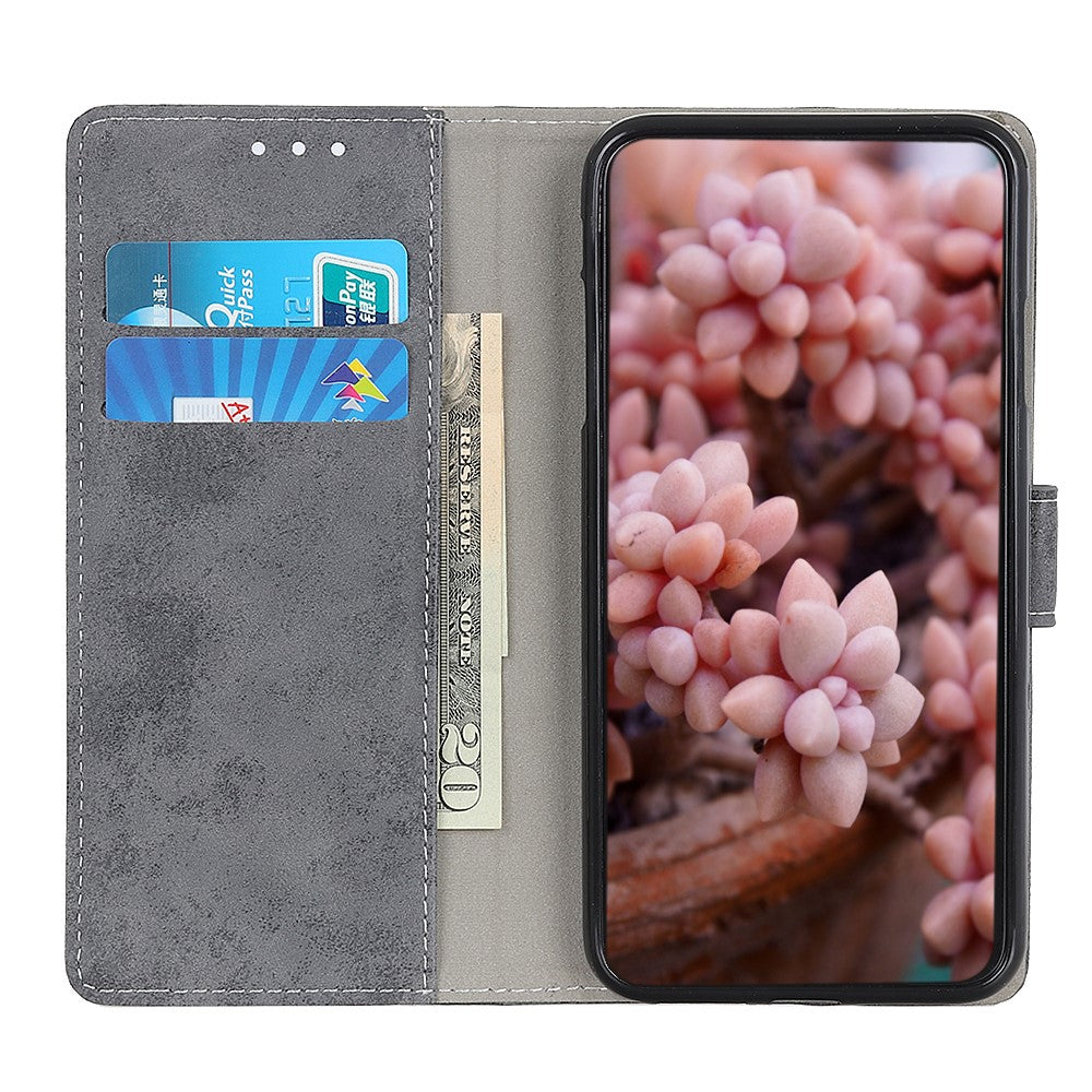 Custodia a libro grigia per telefono con due slot per carte, contanti e display con succulente.