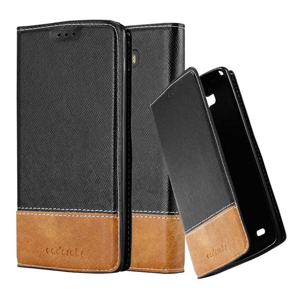 Dos fundas de teléfono negras con detalles marrones y costuras sobre fondo blanco.