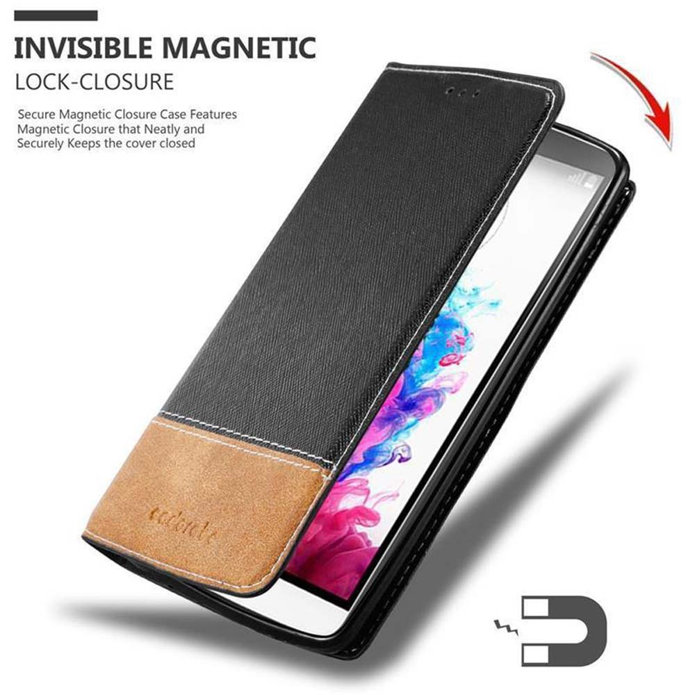 Funda de teléfono negra con acento marrón y cierre magnético.