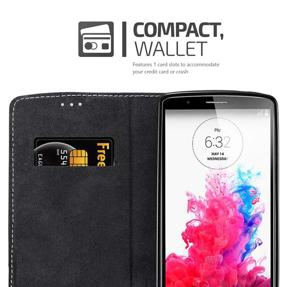 Cartera negra con una tarjeta y un smartphone mostrando las 6:32.