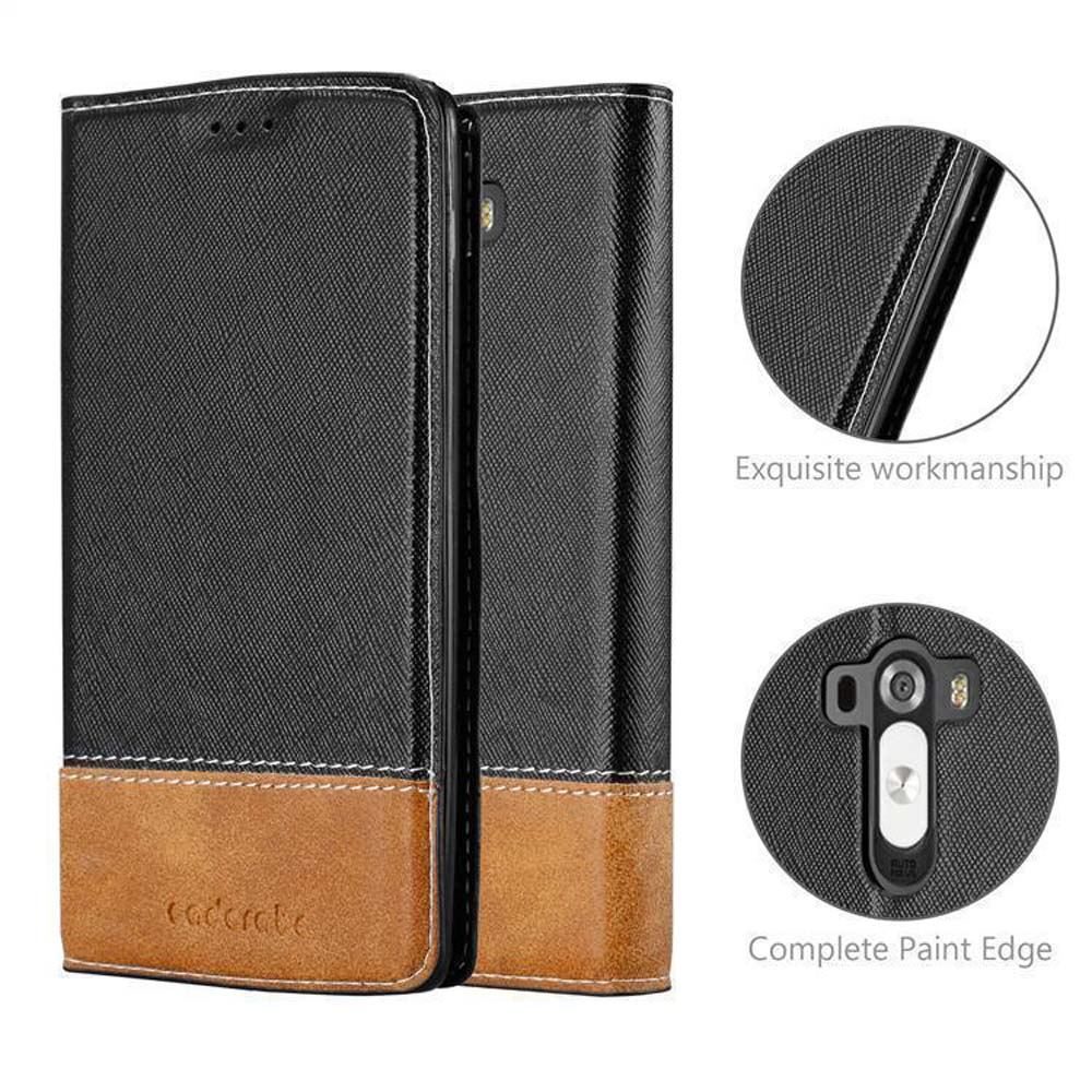 Funda de teléfono plegable negra y marrón con costuras y logo.