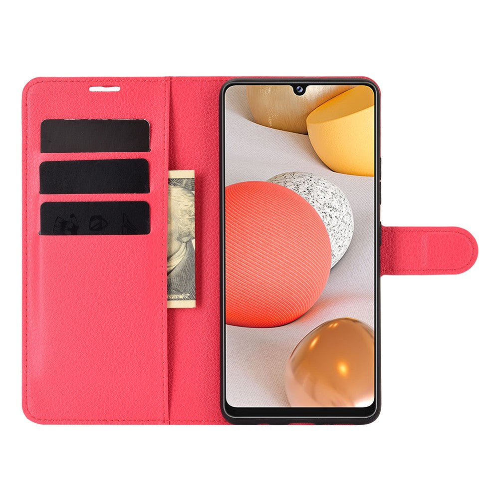 Portafoglio rosso con telefono, banconota e fessure per carte.