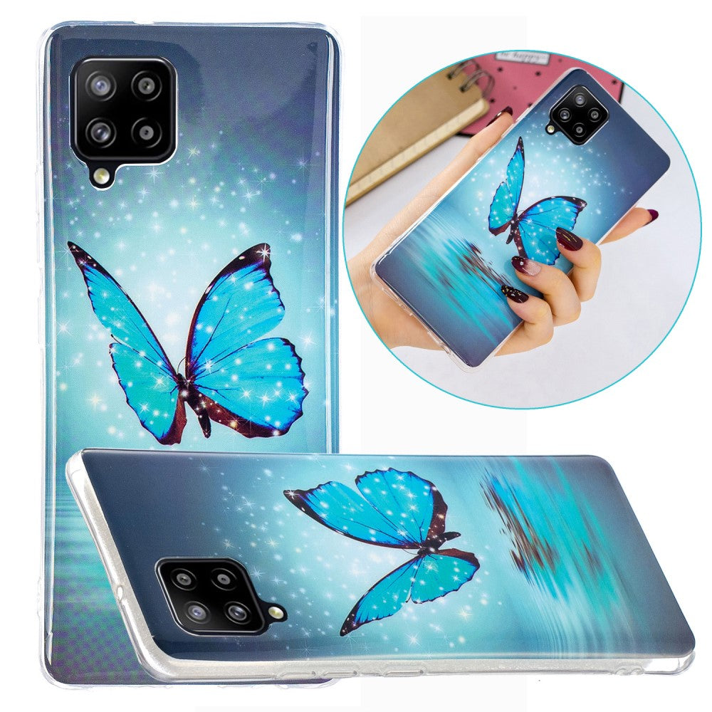Custodia per telefono con farfalla blu, glitter e motivo ad acqua riflettente.