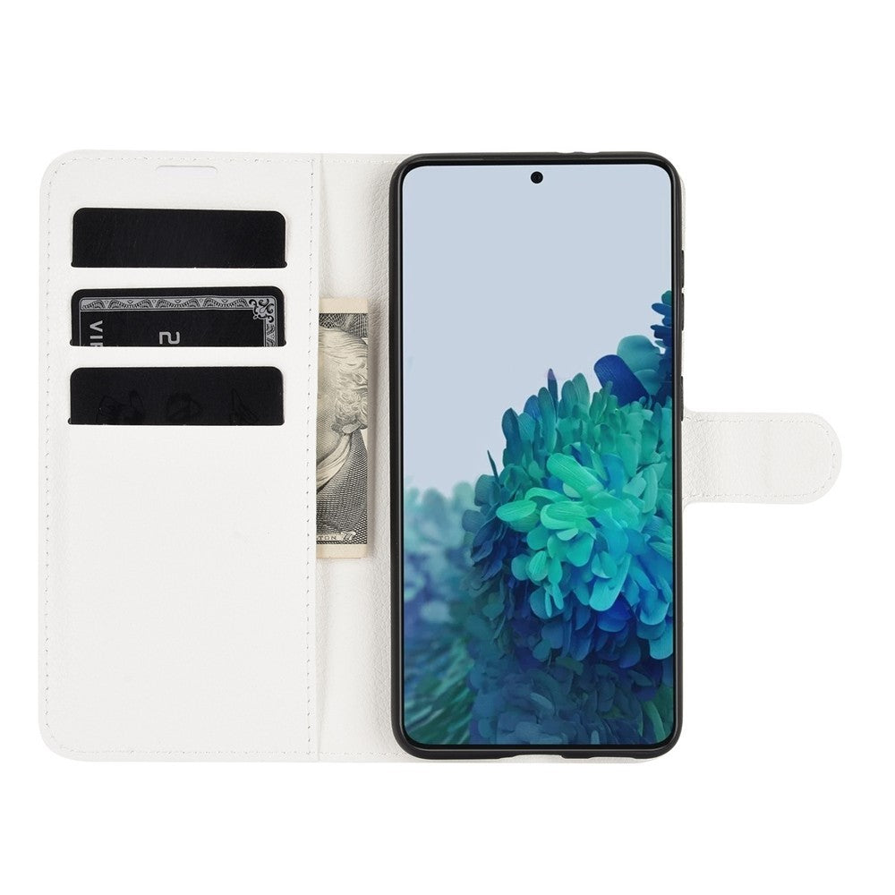 Custodia bianca per telefono con slot per carte, banconota e smartphone che mostra immagine.