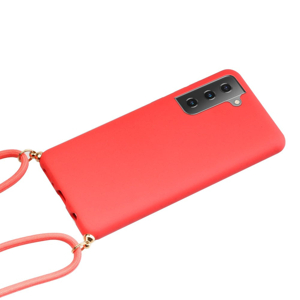 Cover rossa per telefono con sistema di fotocamere e laccetto