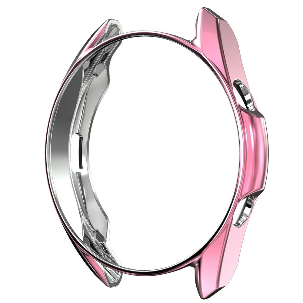 Un anello protettivo per orologio lucido, rosa e argento, su sfondo bianco.