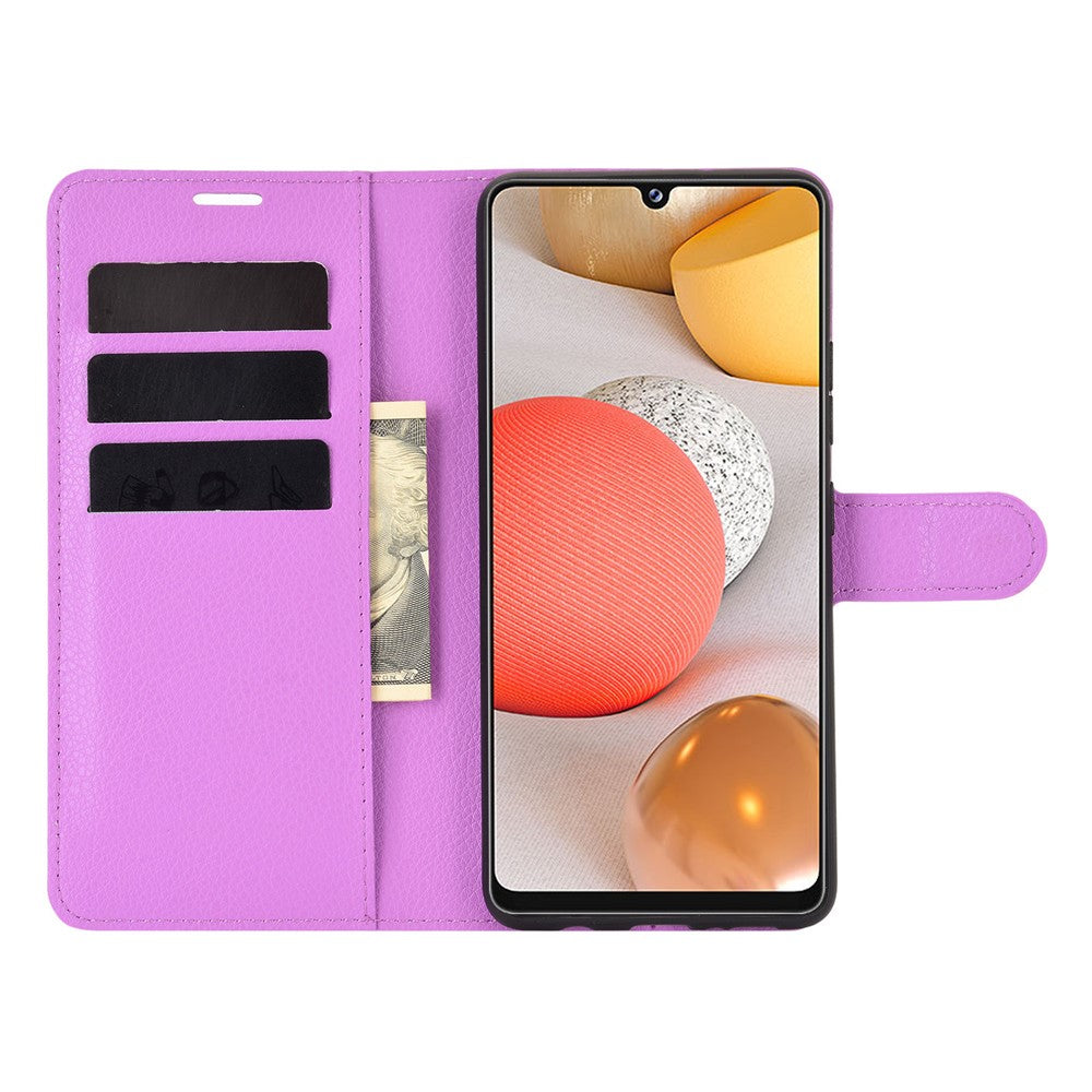 Custodia viola per telefono con slot per carte e tasca per contanti, mostra parte del telefono.