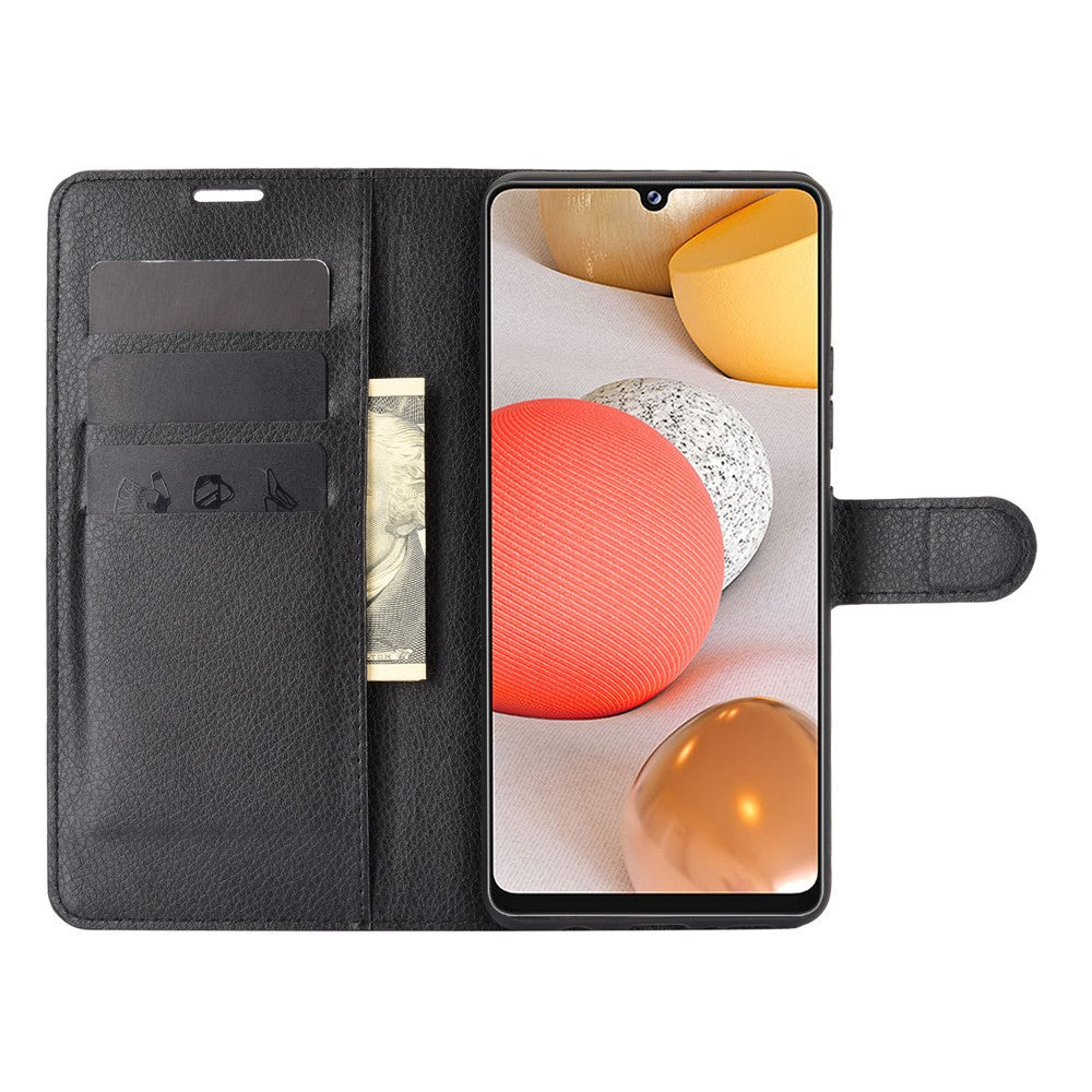 Custodia a libro nera con slot per carte e contanti, mostra uno smartphone con sfondo colorato.
