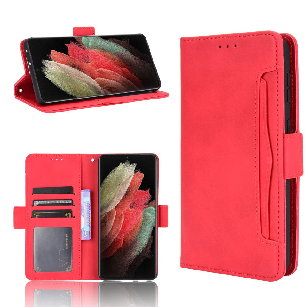 Custodia rossa per telefono con slot per carte e telefono con display colorato.