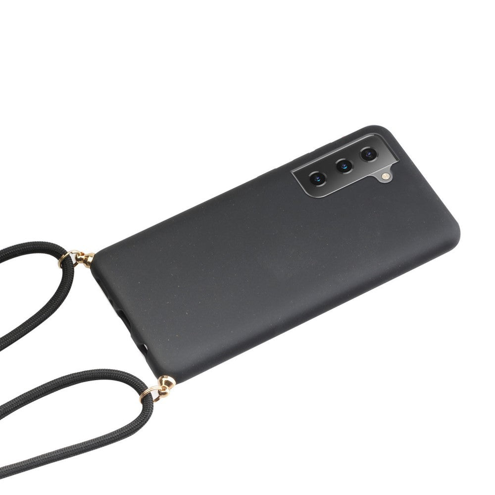 Smartphone nero con tre fotocamere e un cordino nero.