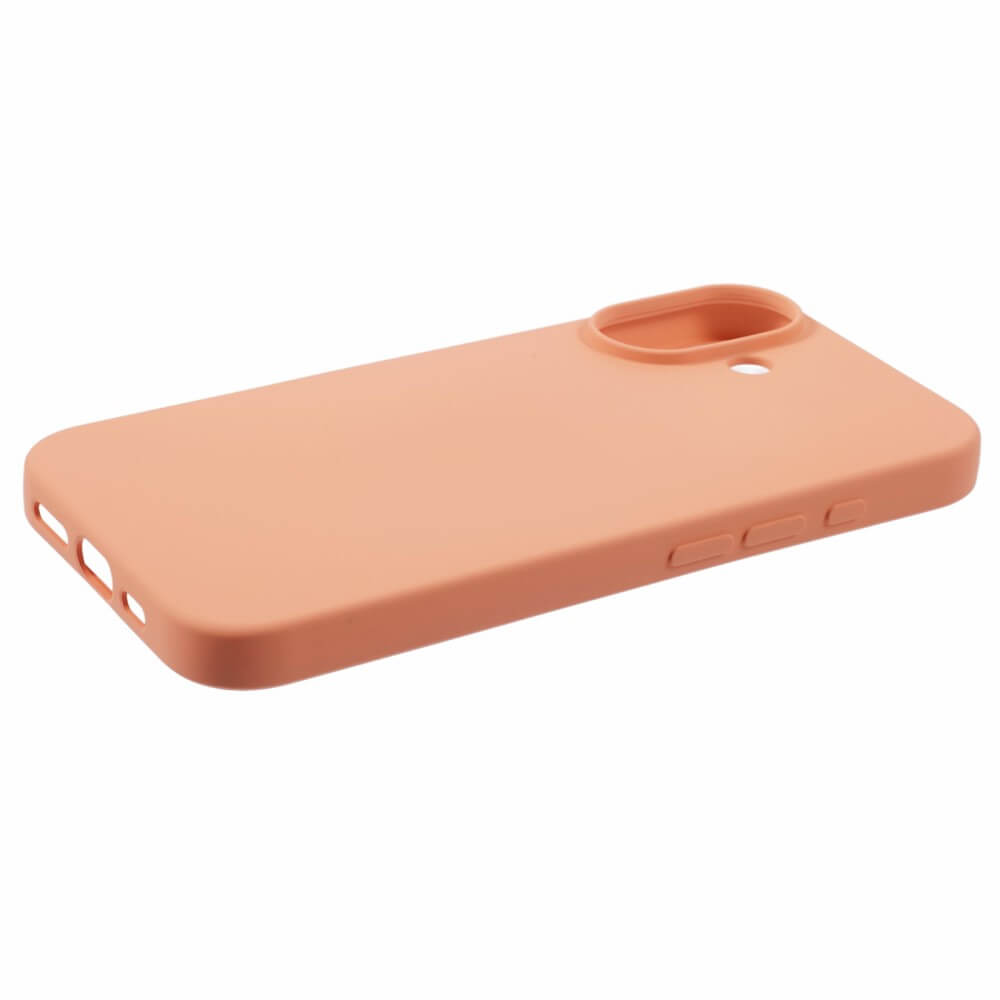 Una custodia per telefono color pesca con ritagli per fotocamera e porte.