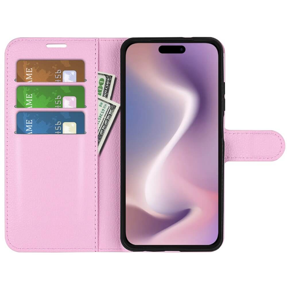 Una custodia a portafoglio rosa per telefono con tre carte e banconote.