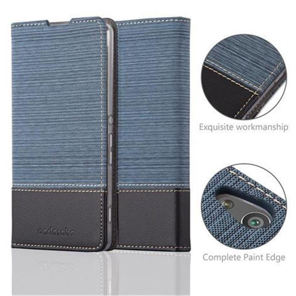 Custodia blu per telefono con base in pelle nera e cuciture.