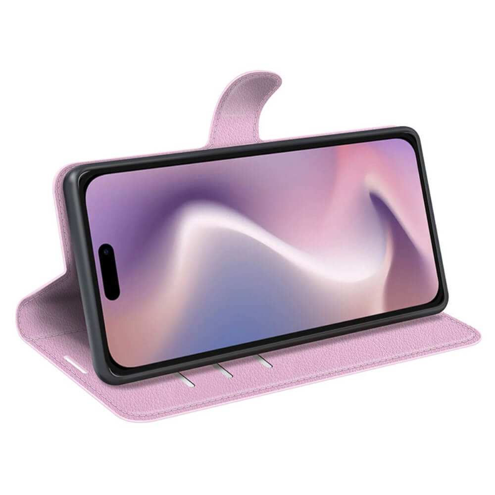 Custodia a libro rosa con smartphone all'interno, sfondo bianco.